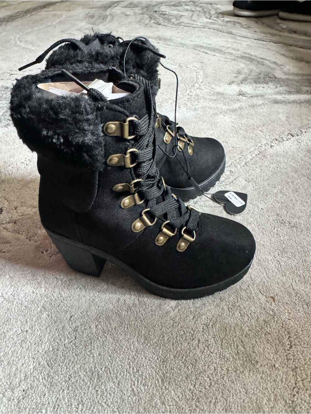 Fashion Nova Black Faux Fur Lace-Up Block Heel Ankle Boots